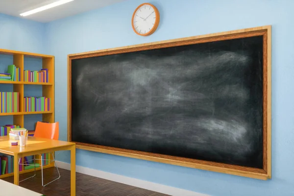 Mockup Empty Blackboard Hanging Clock Blue Wall Teacher Table Light — Zdjęcie stockowe