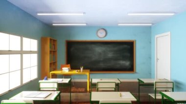 4K Video Animation. Blank blackboard in an empty school classroom. Zoom in. Education concept.