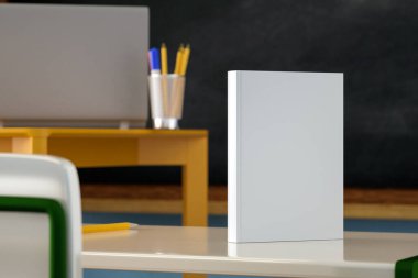 Okulda kalemin yanındaki masanın üzerine boş beyaz kapaklı ders kitabının bir kopyasını yap. 3d hazırlayıcı