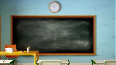 3D animation empty blackboard hanging under clock on blue wall behind teacher table in light classroom at school.