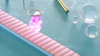 3d render of looped animation with soft bubble falling and rolling on pink mechanical factory conveyor in blue scene. Satisfying ASMR video