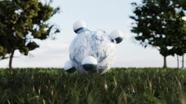 Halved globes rolling on surface of levitating marble ball over green grass on exterior background. 3d animation loop