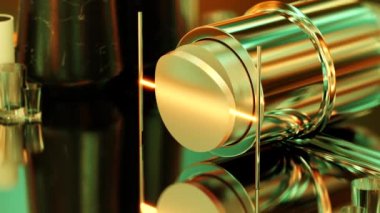 3D laser blade cutting pieces from round golden substance squeezed from golden tube over hole in metallic surface. Satisfying 3d animation loop