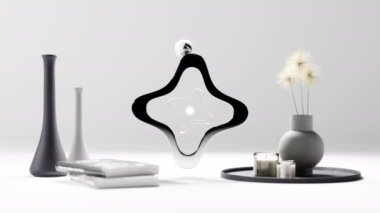 Satisfying video of looped metal ball rolling on top of modern gear near aromatherapy supplies against gray background. 3d animation
