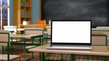 Modern laptop with white blank screen placed on desk against classroom at school. Ready for your design. 3d animation