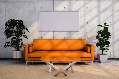 Comfortable orange sofa and oval glass table placed between potted plants against concrete wall with blank picture in sunlit living room at home. 3d render