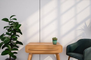 Wooden table with drawer and small succulent placed between green potted plant and comfortable armchair against white wall in daytime. 3d render