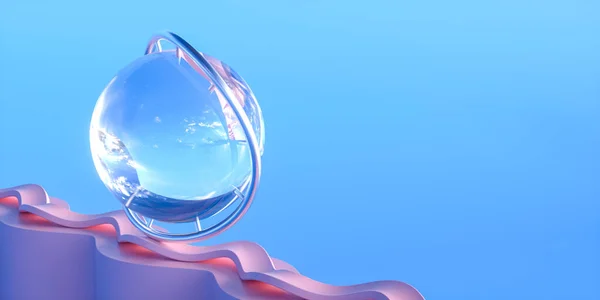 3D illustration. Transparent and shiny crystal ball on a wavy line.