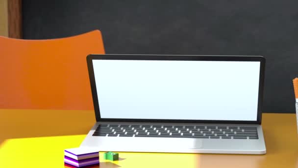Modern Laptop White Blank Screen Placed Desk Classroom School Ready — Vídeo de stock