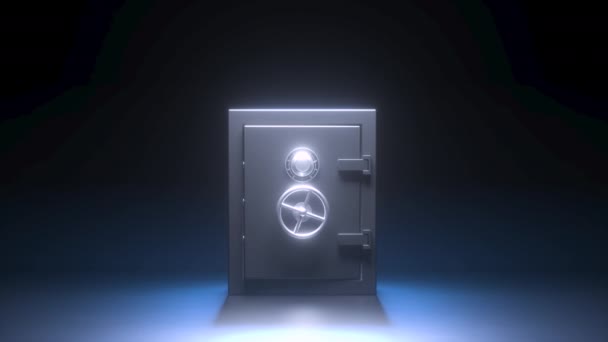 銀行の暗い貯蔵室で明るい光を明らかにするドアを開けると金属の安全な預金の観点からズーム 3Dアニメーション — ストック動画