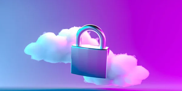 3D illustration. Closed padlock with clouds on purple light background. Security, data protection and privacy concept.