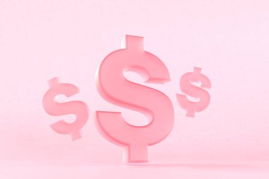 Tek renkli pembe arkaplana karşı yükselen dolar para birimi tabelalarında 3D görüntüleme