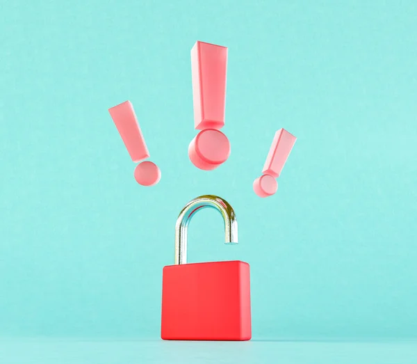 Creative 3D rendering of exclamation marks over opened red lock placed against blue background. Cloud security concept