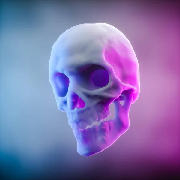 3Dイラスト 人間の頭蓋骨は 孤立した背景にグラデーションブルーとピンクのネオンライトで照らされています — ストック写真
