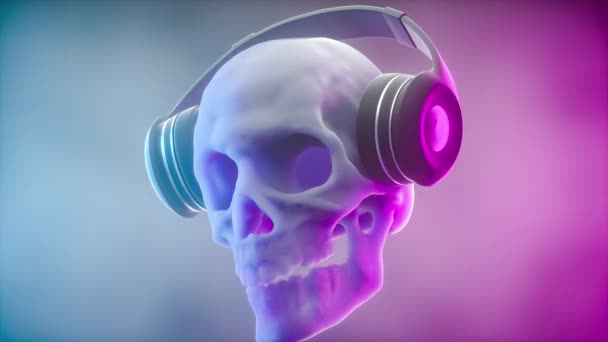 Modelo Cráneo Humano Bailando Humo Escuchando Música Auriculares Inalámbricos Bajo — Vídeo de stock