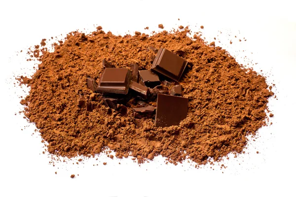 Pezzi di cioccolato in polvere di cacao — Foto Stock