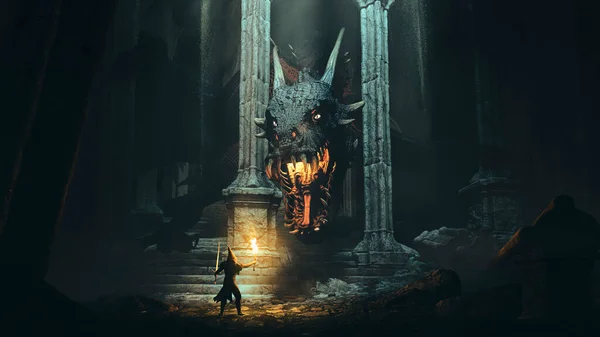 龙在一个古老的城堡里被一个勇敢无畏的骑士在黑暗中捕杀 他拿着火焰和剑的概念艺术 3D渲染 — 图库照片
