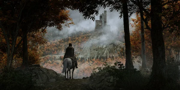 骑士骑着马走在一条穿过秋天树木的小径上 以及在一个多雾的森林附近的岩石悬崖顶上的一座古城堡上 在一个雨天里的前景一片迷蒙 概念艺术 3D渲染 — 图库照片