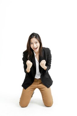 başarılı genç iş kadını onu başarı için mutlu.