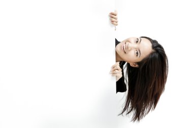 Business woman holding a banner ad.