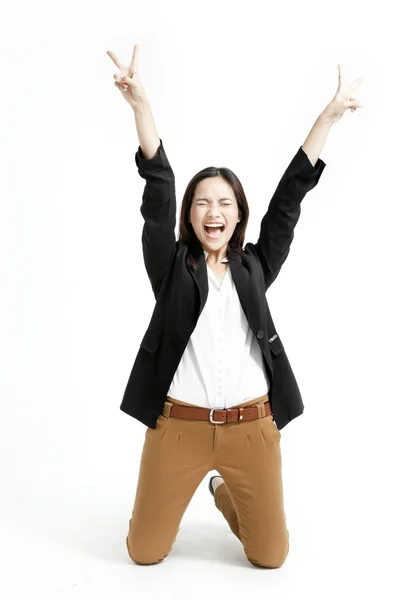 Erfolgreiche junge Geschäftsfrau freut sich über ihren Erfolg. — Stockfoto