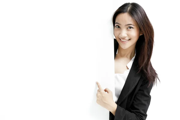 Business woman holding a banner ad. — Stock Photo, Image