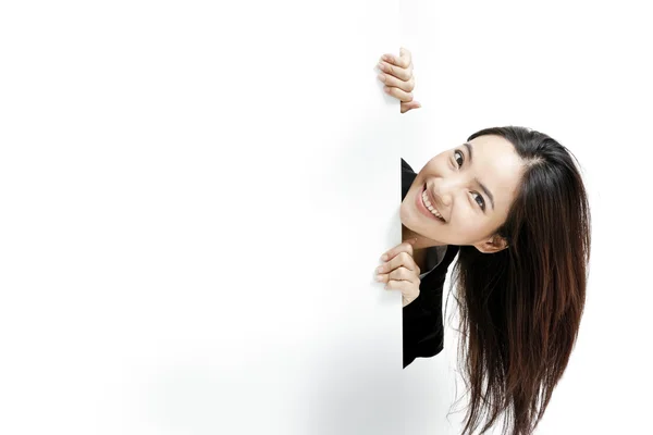 Donna d'affari con uno striscione pubblicitario . — Foto Stock