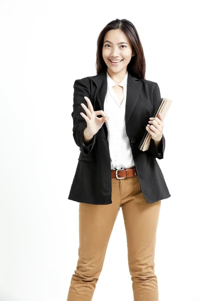 Beautiful businesswoman portrait holding tablet on white background — Stock Photo, Image