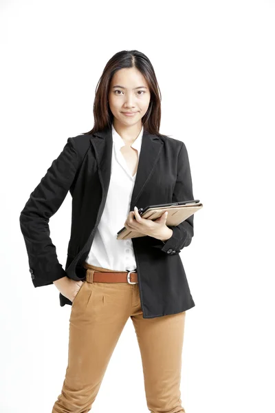 Beautiful businesswoman portrait holding tablet on white background — Stock Photo, Image