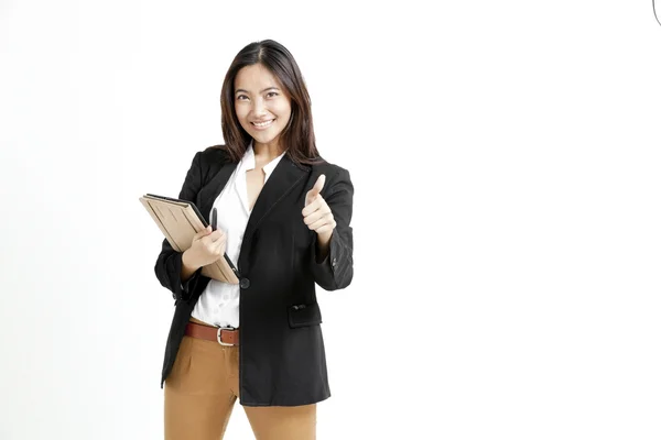 Beautiful businesswoman portrait holding tablet on white background — Stock Photo, Image