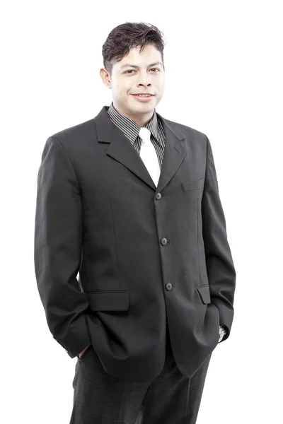 Boldog, mosolygós vidám üzleti fiatalember, fehér háttérhez képest — Stock Fotó