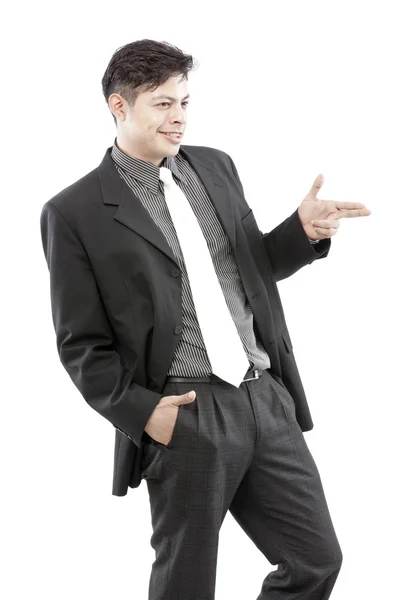 Jovem feliz sorrindo alegre homem de negócios, sobre fundo branco — Fotografia de Stock