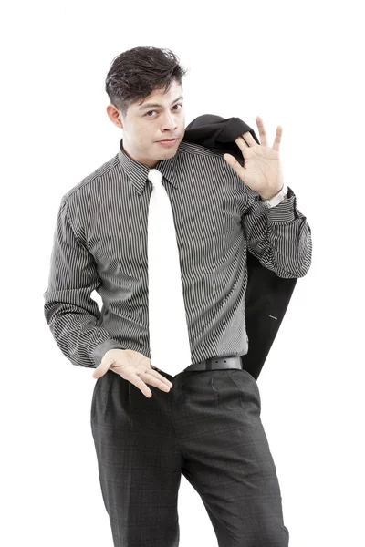 Empresário amigável e sorridente olhando para a câmera com confiabilidade isolada no fundo branco — Fotografia de Stock