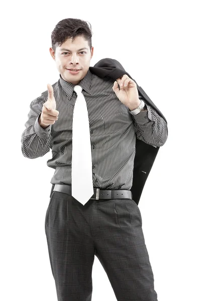 Vriendelijke en lachende zakenman op zoek naar camera met betrouwbaarheid geïsoleerd op witte achtergrond — Stockfoto