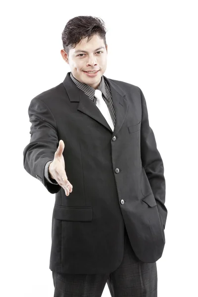 Feliz hombre de negocios con la mano abierta lista para cerrar un trato. Aislado sobre fondo blanco . — Foto de Stock