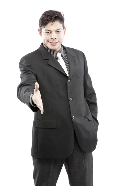 Happy businessman with an open hand ready to seal a deal. Isolated on white background. — Stock Photo, Image