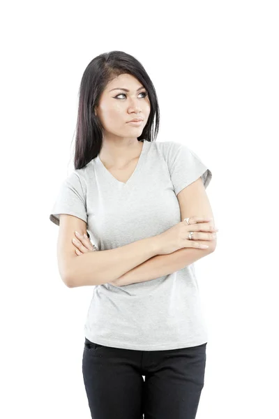 Sexy asian girl with blank grey t-shirt — Stock Photo, Image