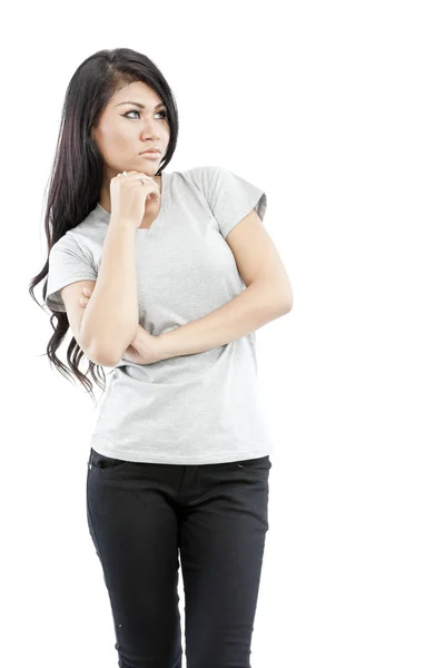 Sexy Aziatische meisje met lege grijs t-shirt — Stockfoto