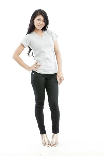 Sexy asian girl with blank grey t-shirt — Stock Photo, Image