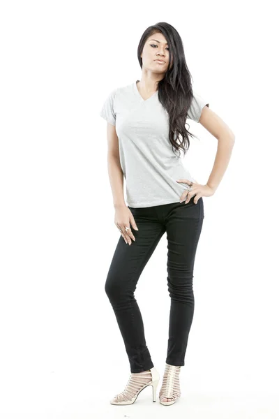 Sexy asian girl with blank grey t-shirt — Stock Photo, Image