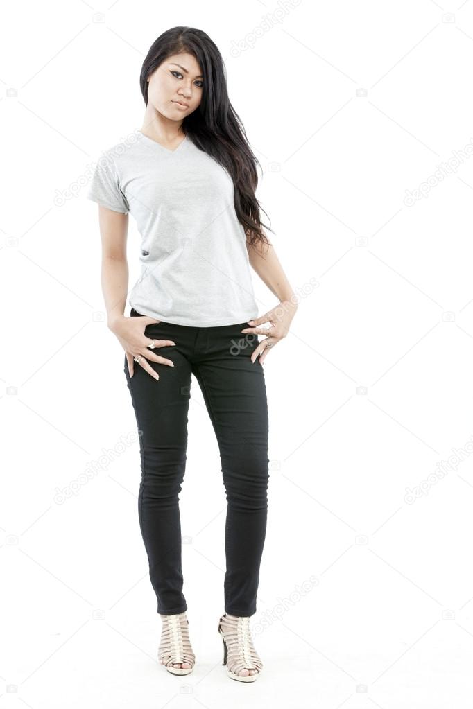 Sexy asian girl with blank grey t-shirt