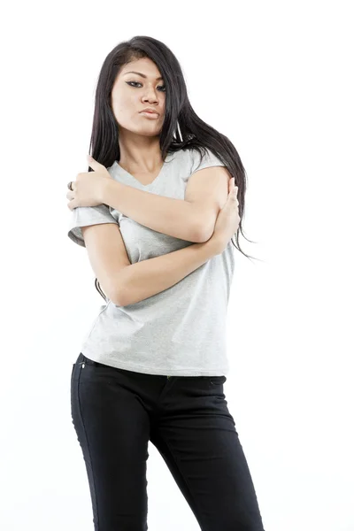 Sexy asian girl with blank grey t-shirt — Stock Photo, Image