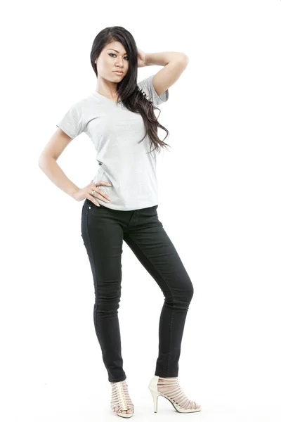 Sexy asian girl with blank grey t-shirt — Stock Photo, Image