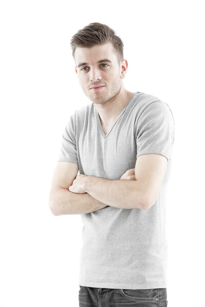 Casual man thinking with his blank gray t-shirt isolated on white background