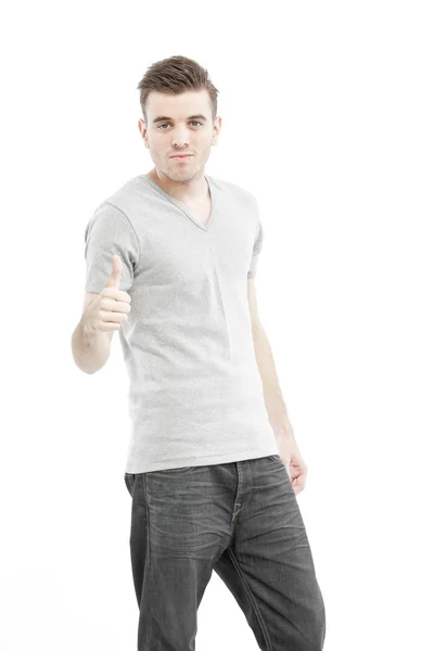 Uomo casual con la mano che mostra segno di approvazione mano isolato su sfondo bianco — Foto Stock