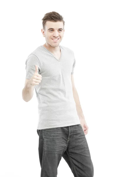 Casual homem com a mão mostrando sinal de aprovação mão isolado no fundo branco — Fotografia de Stock