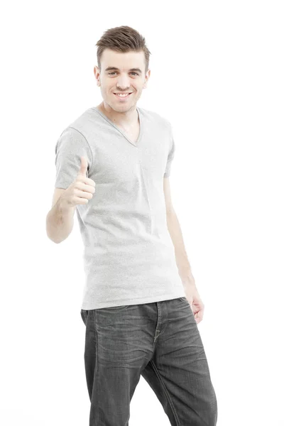 Casual homem com a mão mostrando sinal de aprovação mão isolado no fundo branco — Fotografia de Stock