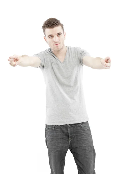 Uomo casual in posa con la mano rivolta isolato su sfondo bianco — Foto Stock