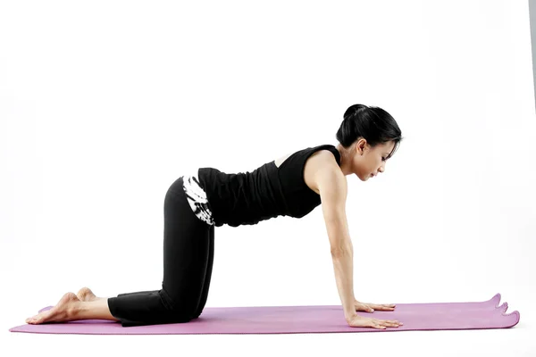 Retrato de una linda joven asiática practicando yoga en una esterilla — Foto de Stock