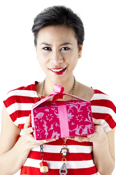 Picture of cheerful girl with gift box — Stock Photo, Image